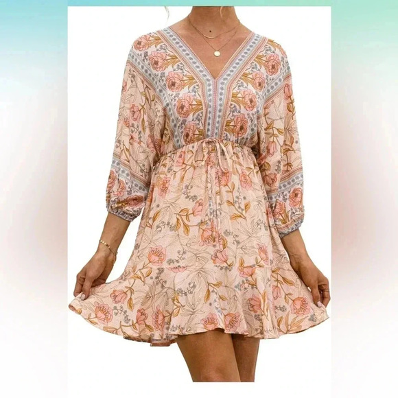 Floral Print V Neck 3/4 Sleeve Tie Waist Ruffle Flowy Short Dress NEW - Picture 5 of 5